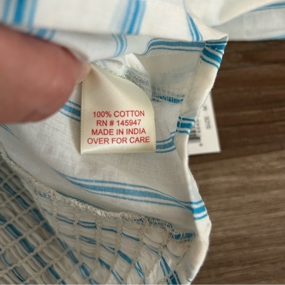 True Destiny White Blue Stripe Front Button Crop Puff Sleeve Top Women MediumNWT - Picture 5 of 7